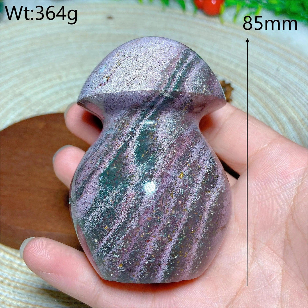 Colorful Ocean Jasper mushroom carving, 85mm, 364g, for Reiki and home decor.
