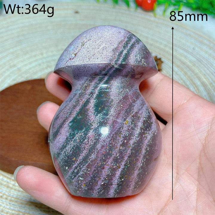 Colorful Ocean Jasper mushroom carving, 85mm, 364g, for Reiki and home decor.