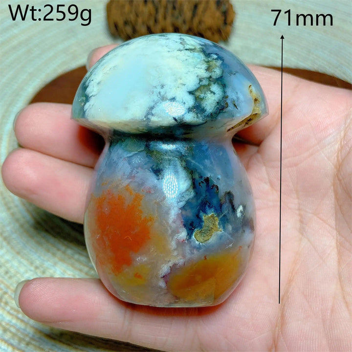 Colorful Ocean Jasper mushroom carving, 71mm, 259g. Natural crystal for Reiki and home decor.