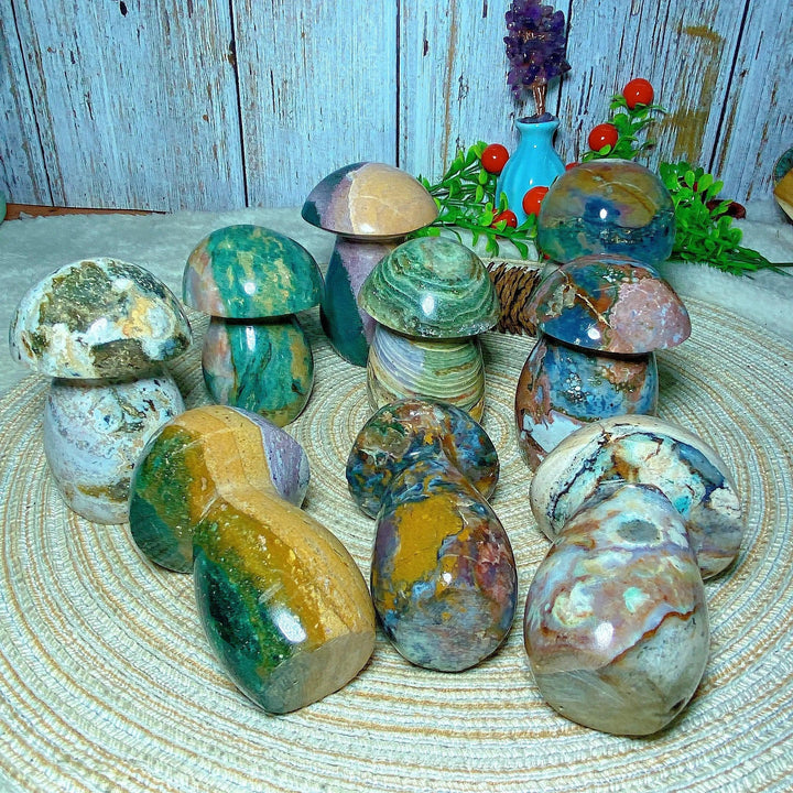 Colorful Ocean Jasper mushroom carvings, natural gemstone reiki decorations for home, energy gift.