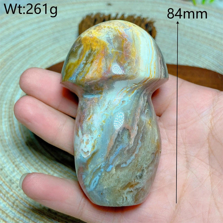Colorful Ocean Jasper mushroom carving, 84mm, 261g, for Reiki healing and home decor.