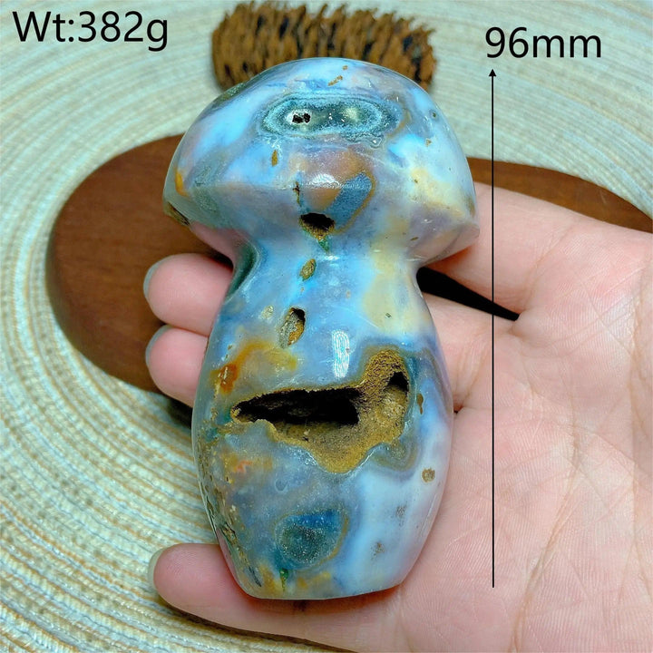 Colorful Ocean Jasper mushroom carving with druzy geode, 96mm, 382g, for energy and home decor.