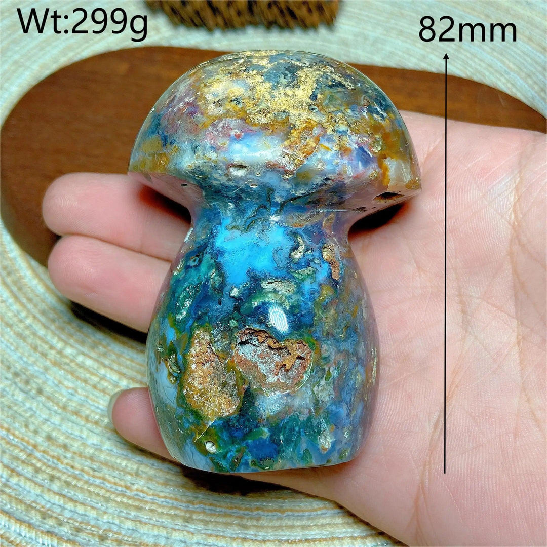 Colorful Ocean Jasper mushroom carving, 82mm, 299g, for Reiki and home decor, promoting energy and love.