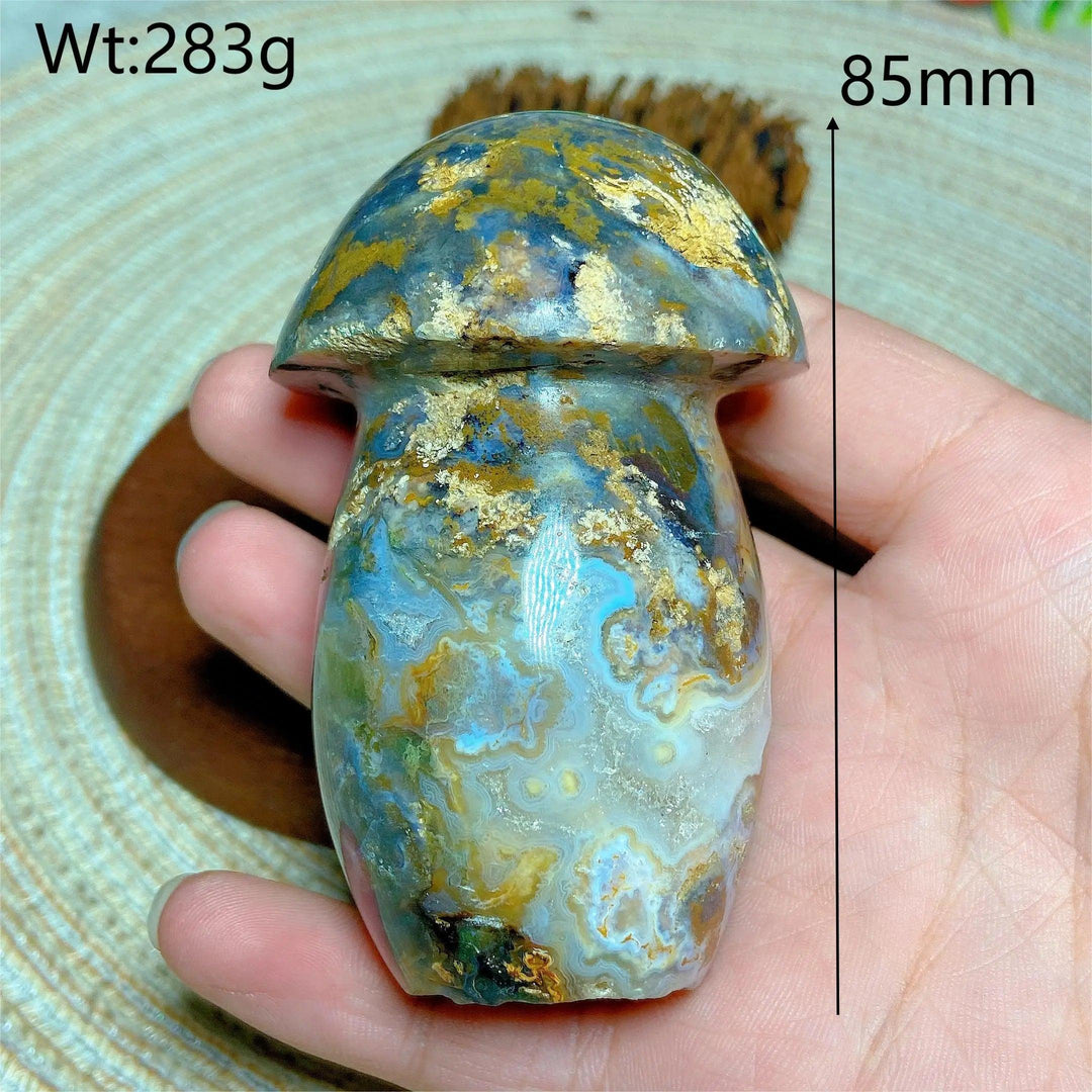 Colorful Ocean Jasper mushroom carving, 85mm, 283g, with druzy geode, perfect for Reiki and home decor.