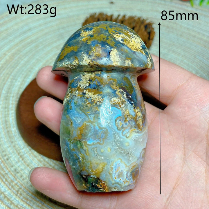 Colorful Ocean Jasper mushroom carving, 85mm, 283g, with druzy geode, perfect for Reiki and home decor.