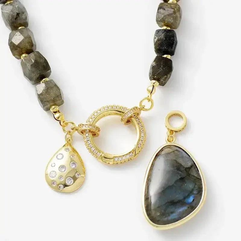Natural Crystals Pendant Necklaces: Labradorite and gold pendants with faceted crystal beads, promoting balance and focus.
