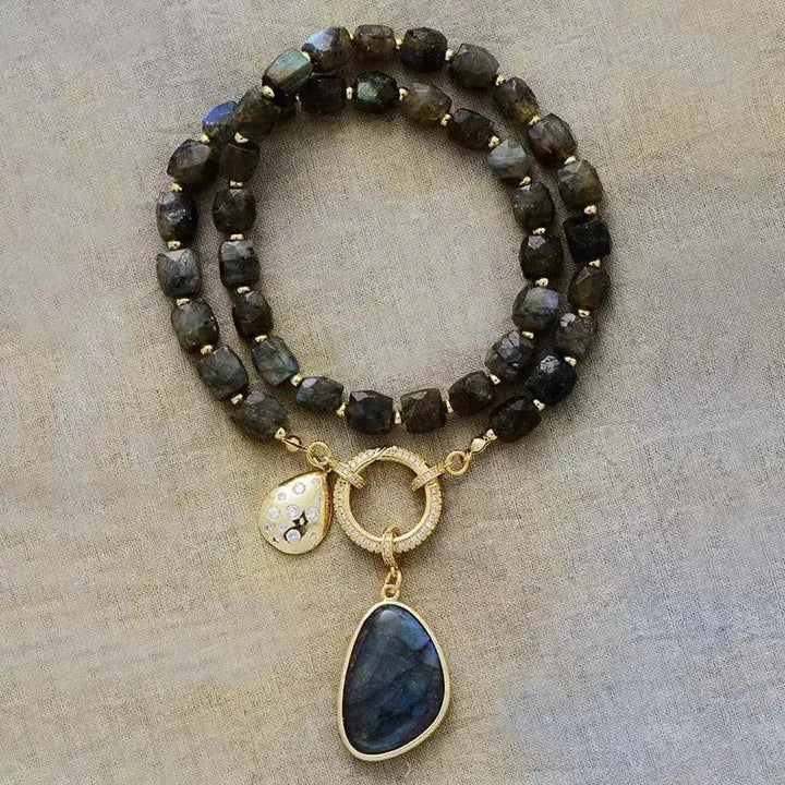 Natural Crystals Pendant Necklaces: Labradorite beaded necklace with a large teardrop pendant and a small diamond charm.