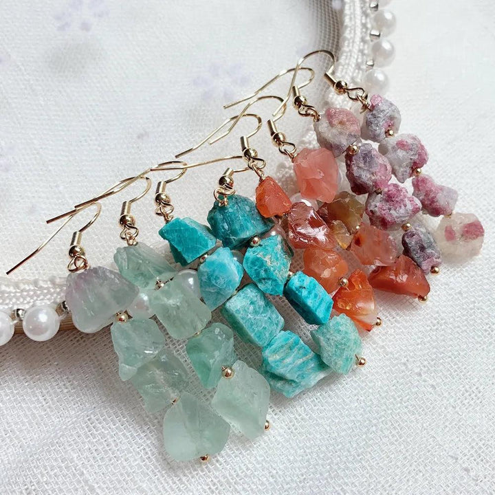 Natural Crystal Earrings for Women with Irregular Ore Quartz, Lapis, and Tourmaline in vibrant hues.
