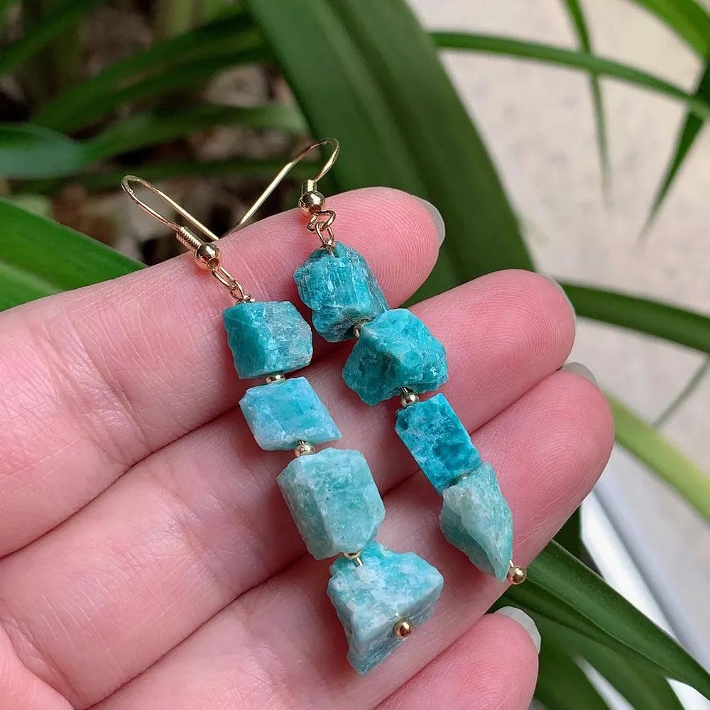 Natural Amazonite Crystal Earrings for Women, featuring irregular blue-green ore quartz and gold-color stainless steel.