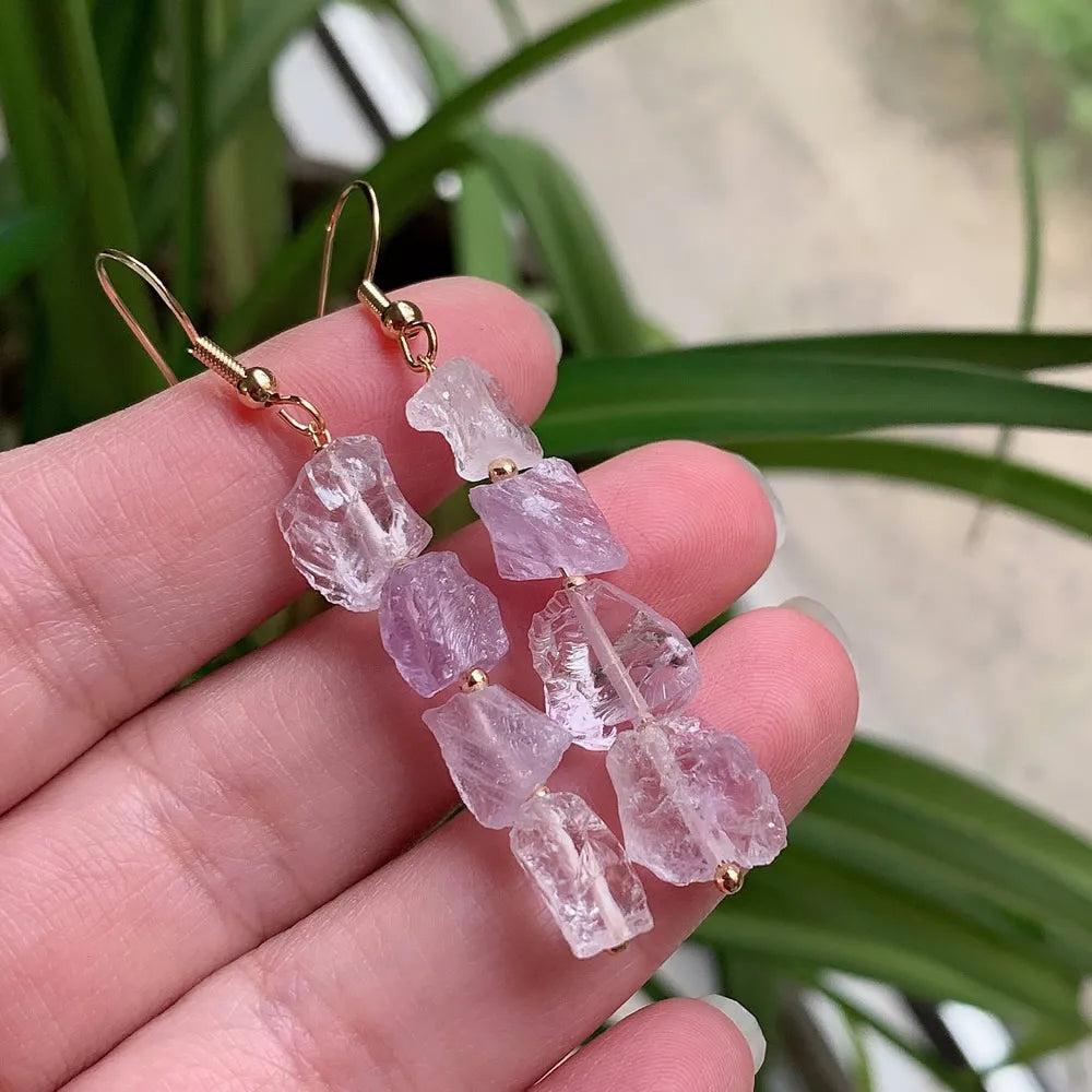 Vintage Natural Crystal Earrings: Irregular raw purple amethyst and clear quartz drop earrings with gold-color stainless steel hooks.
