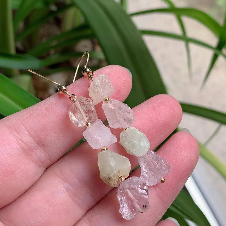 Natural Crystal Earrings for Women with irregular raw quartz, lapis, and tourmaline stones on gold-color stainless steel.
