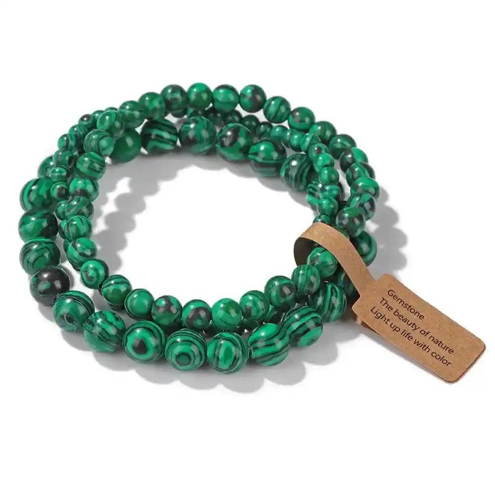 3-Piece Natural Stone Beaded Bracelet Set with vibrant green malachite beads for balance and protection.