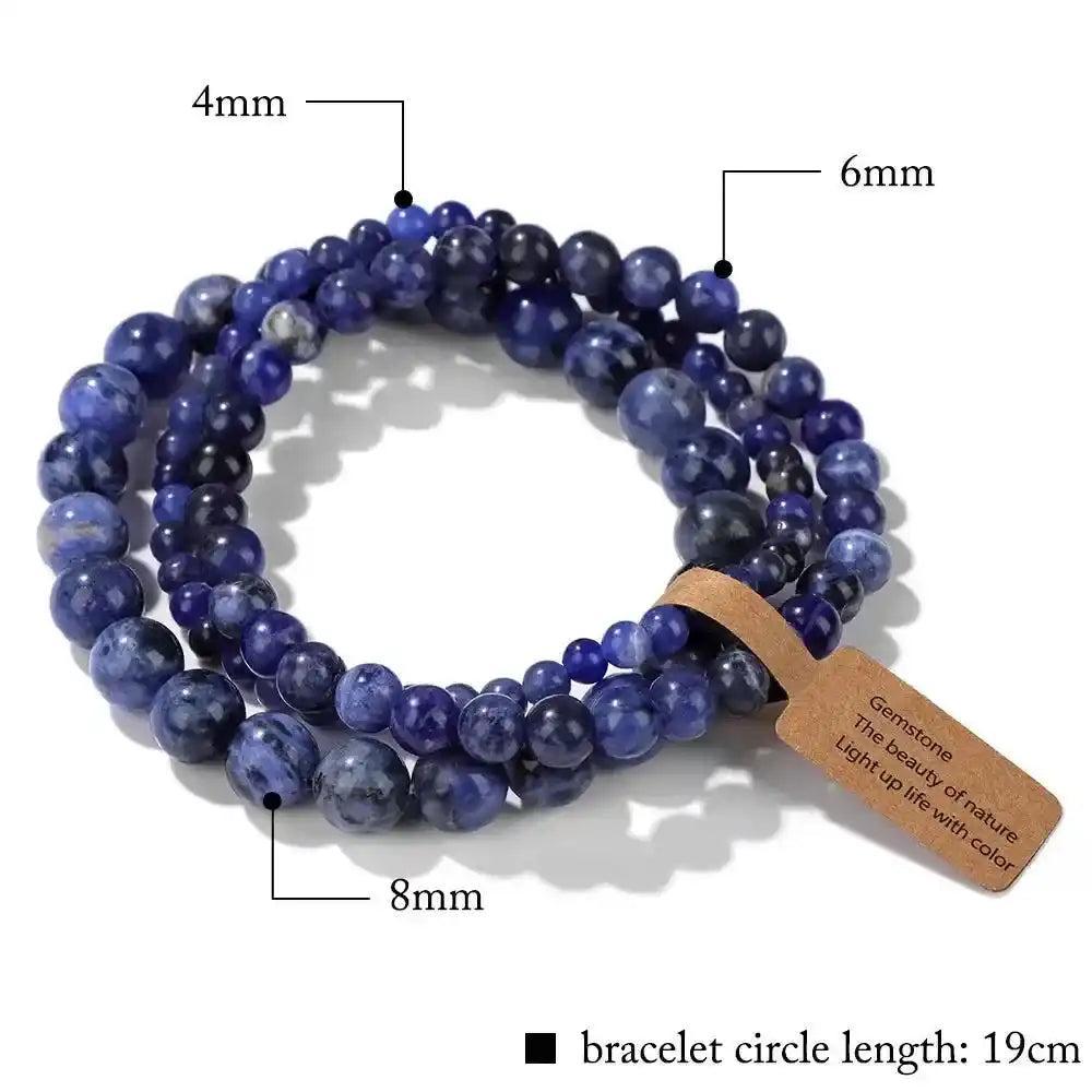 3-Piece Natural Stone Beaded Bracelet Set with varying blue sodalite beads (4mm, 6mm, 8mm) and a blessing tag.