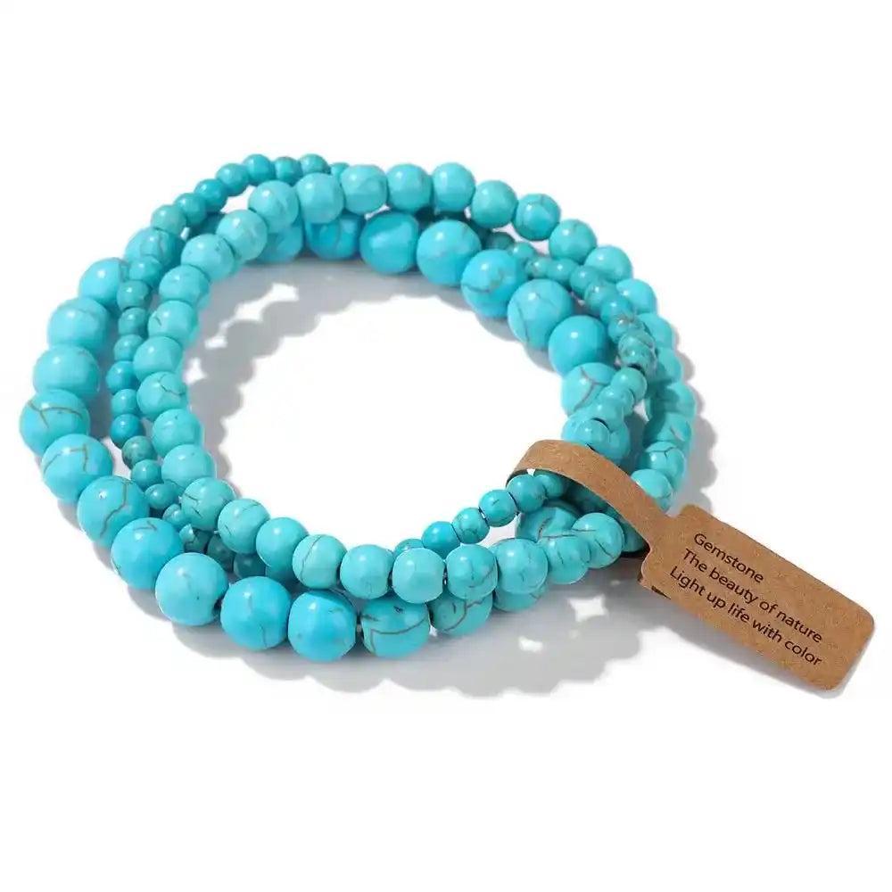 3-Piece Natural Stone Beaded Bracelet Set with vibrant turquoise beads for balance and protection, featuring a blessing tag.