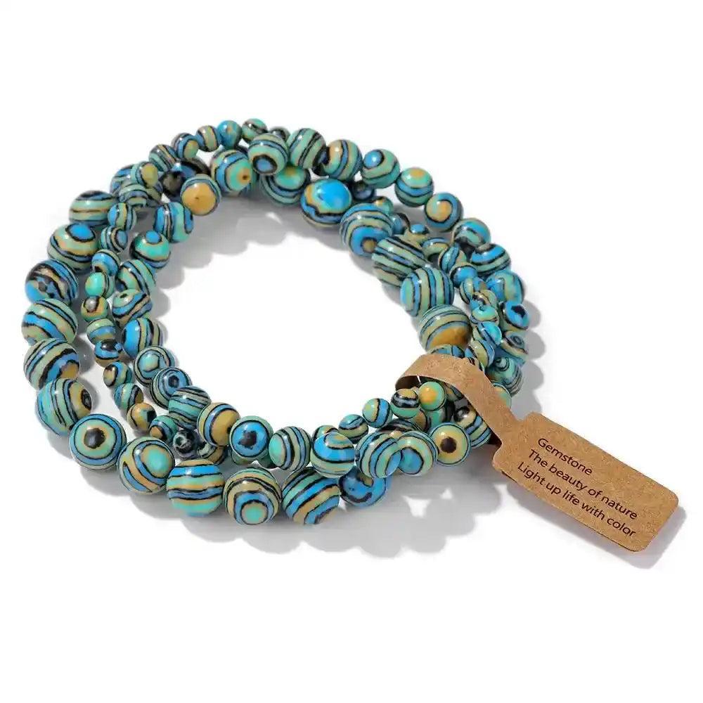 3-Piece Natural Stone Beaded Bracelet Set with blue and yellow Indian agate beads, promoting balance and protection.