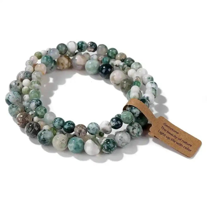 3-Piece Natural Stone Beaded Bracelet Set with green Indian agate and rhodonite beads, promoting balance and healing.