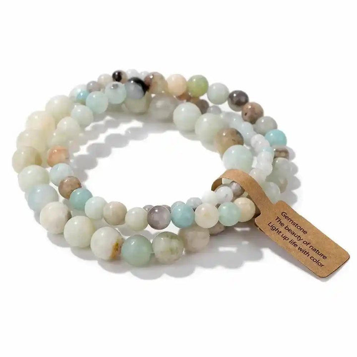 3-Piece Natural Stone Beaded Bracelet Set with amazonite and other light-colored beads, blessing tag.