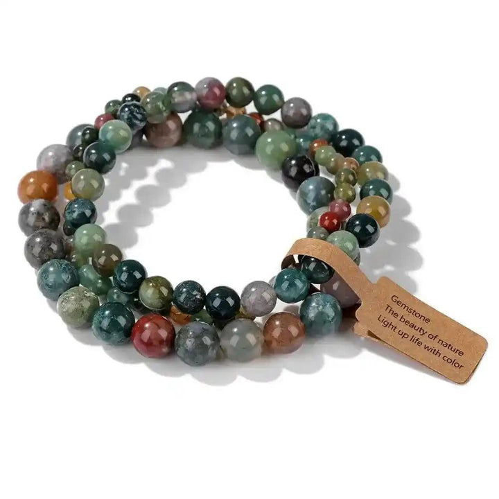 3-Piece Natural Stone Beaded Bracelet Set with colorful Indian agate beads, promoting grounding and balance.
