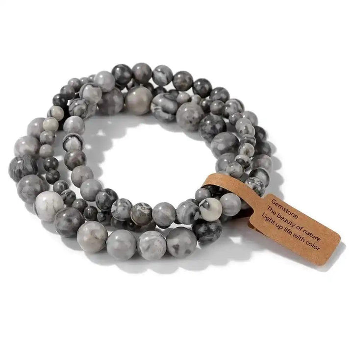 3-Piece Natural Stone Beaded Bracelet Set with gray Indian agate beads for grounding and balance.