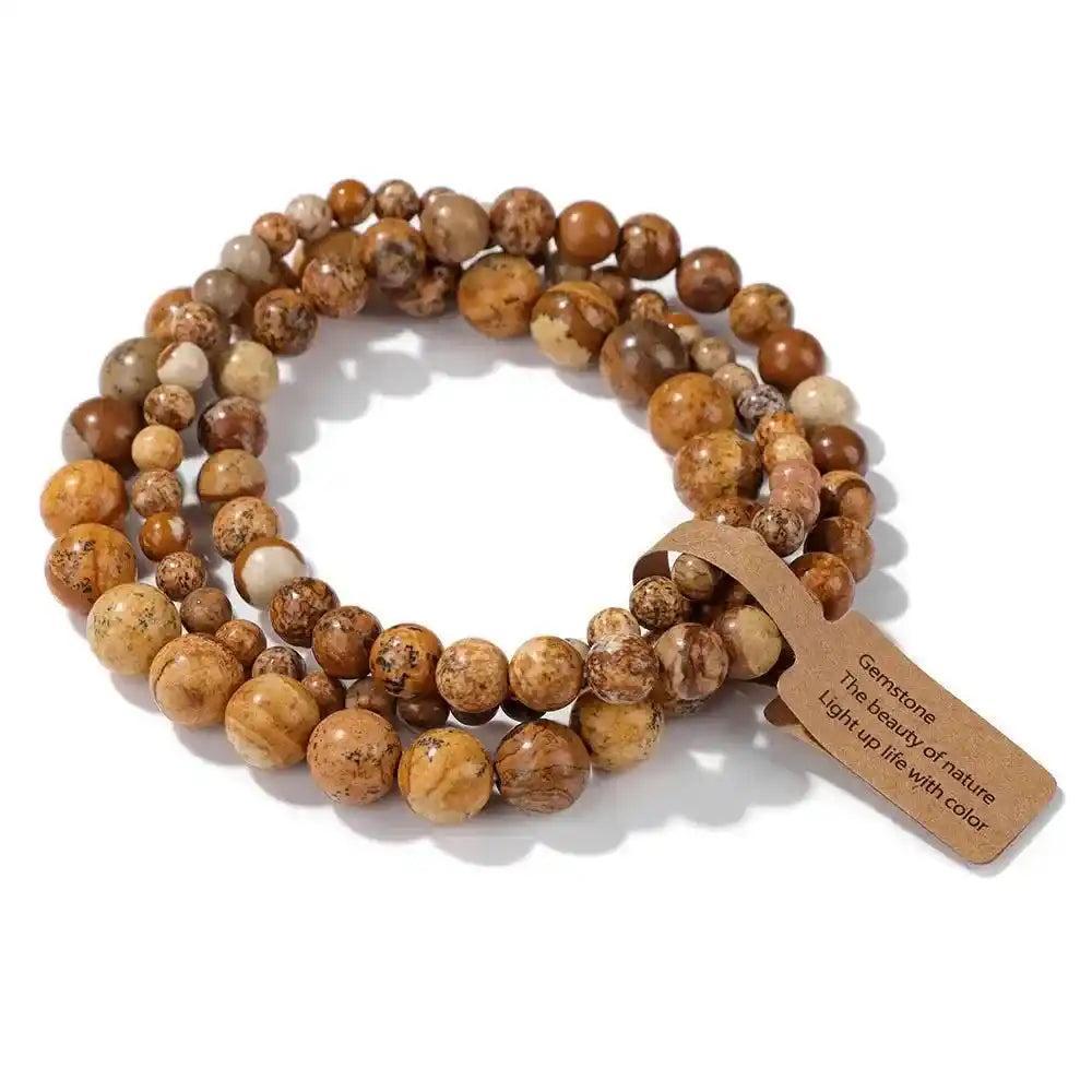 3-Piece Natural Stone Beaded Bracelet Set with rhodonite and Indian agate for emotional healing and balance.