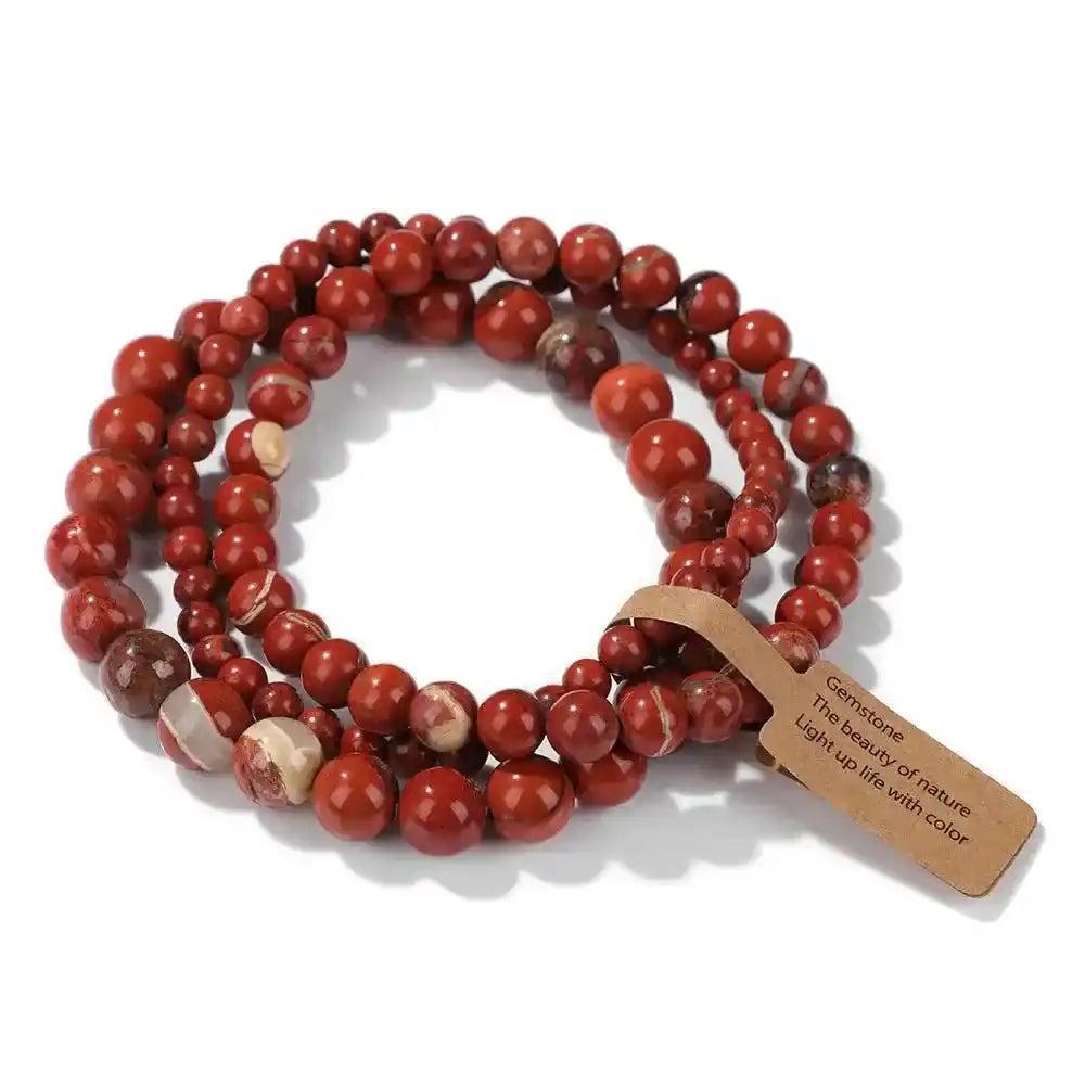 3-Piece Natural Stone Beaded Bracelet Set with red rhodonite and Indian agate, promoting emotional healing and balance.