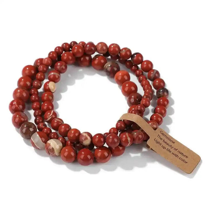 3-Piece Natural Stone Beaded Bracelet Set with red rhodonite and Indian agate, promoting emotional healing and balance.