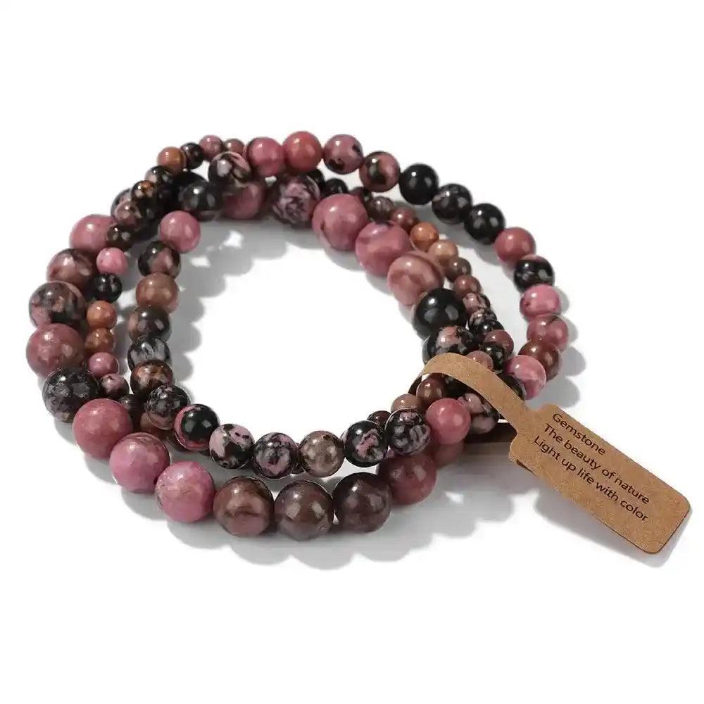 3-Piece Natural Stone Beaded Bracelet Set with rhodonite and Indian agate for emotional healing and balance.
