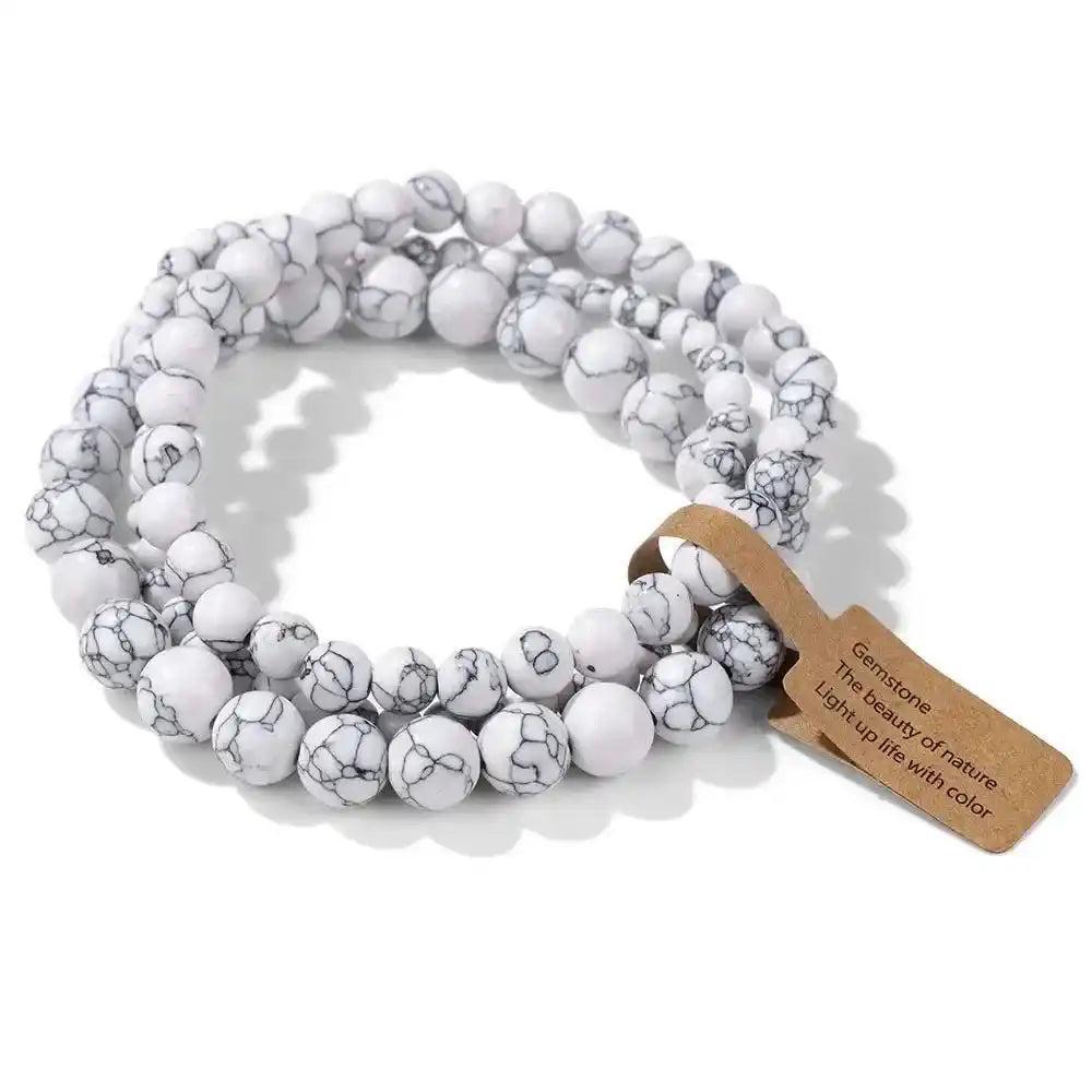 3-Piece Natural Stone Beaded Bracelet Set with white howlite beads, promoting calm and stress relief.