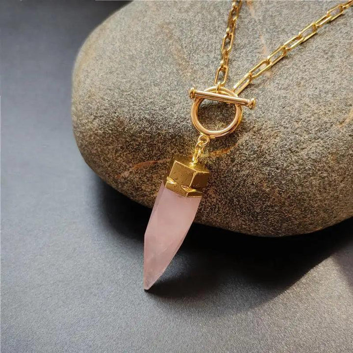 FUWO Natural Crystal Quartz Spike Necklace with a pink stone point and gold OT buckle vintage chain.