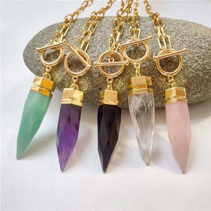 FUWO Natural Crystal Quartz Spike Necklace with creative stone point and gold OT buckle vintage chain.