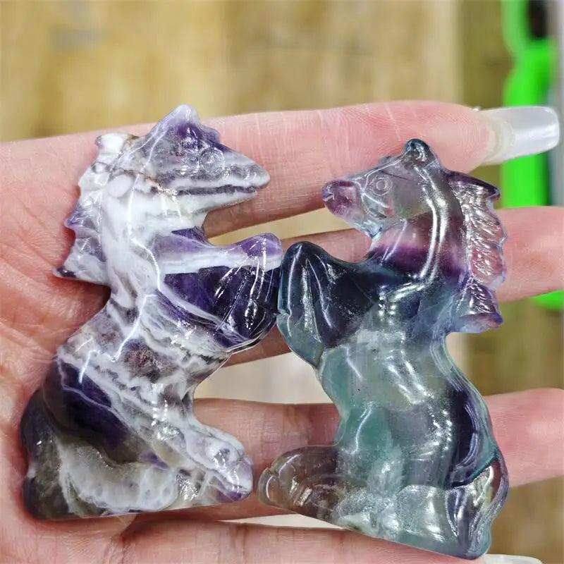 Hand-carved natural quartz stone horse figurines, featuring vibrant purple and multi-colored healing crystals for decor.