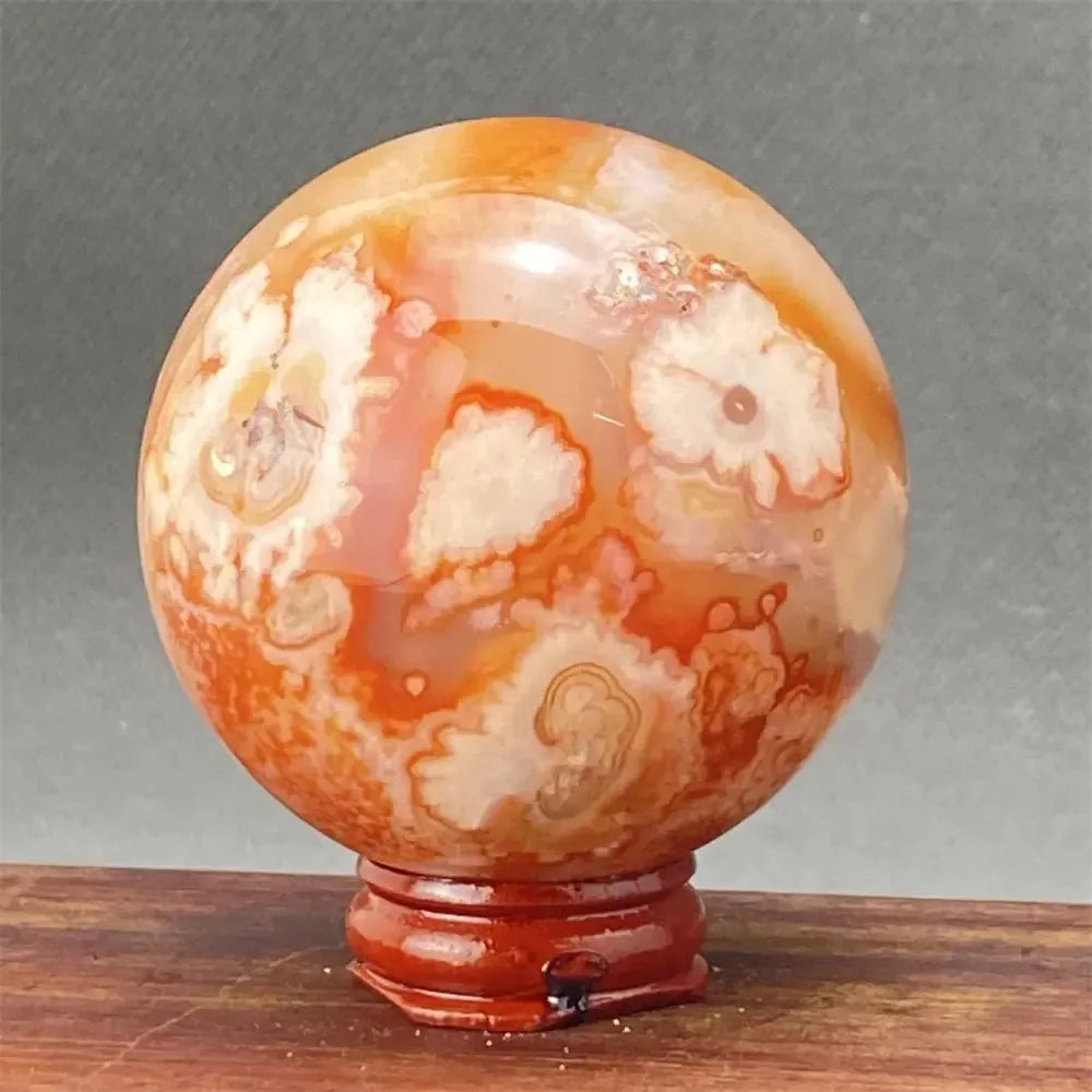 Natural Gem Red Cherry Blossom Agate Ball Carnelian Healing Crystal Energy Ball Home Decoration + Base-Crystal Destiny-13 210g-Crystal Destiny