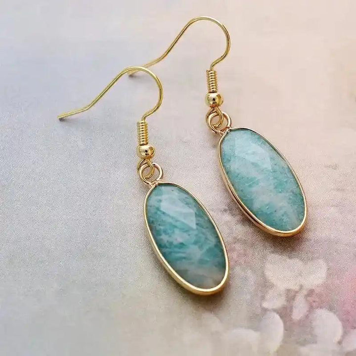 Elegant Amazonite Natural Gemstone Dangle Earrings with polished blue-green stones in refined gold-tone drops.