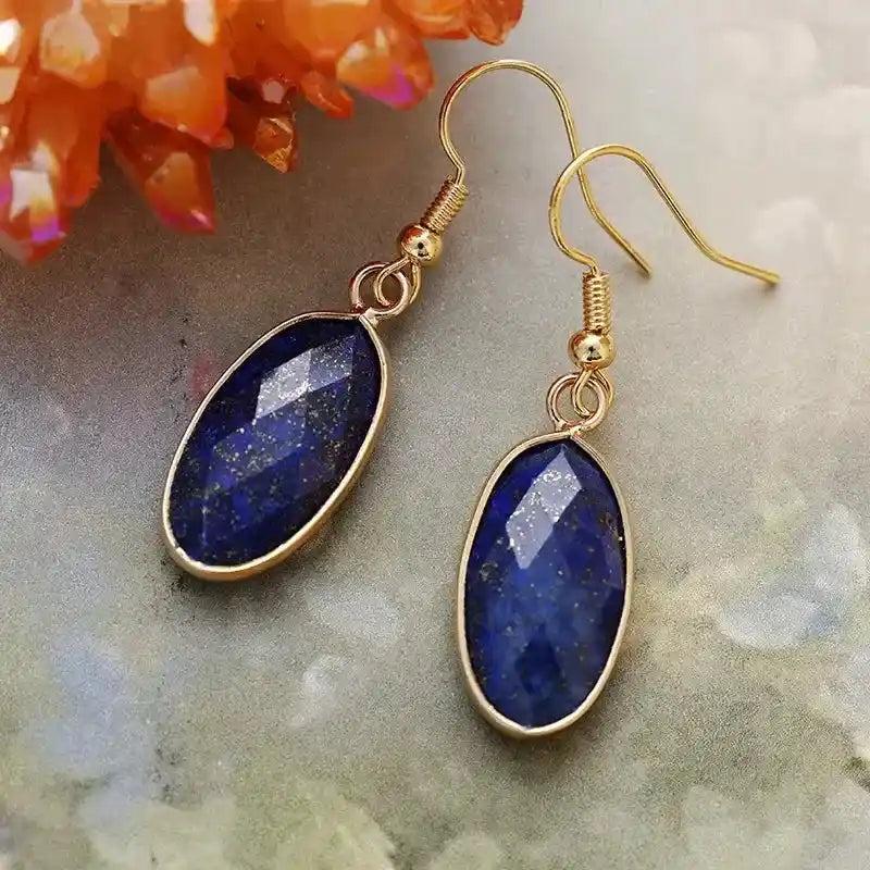 Lapis Lazuli Natural Gemstone Dangle Earrings: Deep blue faceted stones in elegant gold-tone drop design for intuition & clarity.