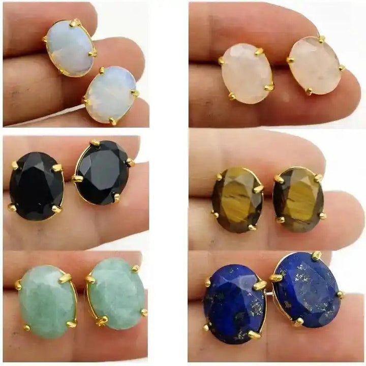 Silver Oval Stud Earrings with Gemstones: Pink quartz, tiger’s eye, and lapis lazuli for love, courage, and wisdom.