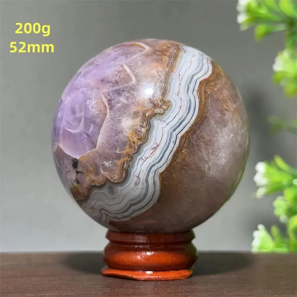 Natural Gemstone Dream Amethyst Agate Ball Therapy Meditation Witchcraft Divination Energy Massage Ball Home Decoration+Base-Crystal Destiny-17 200g 52mm-Crystal Destiny