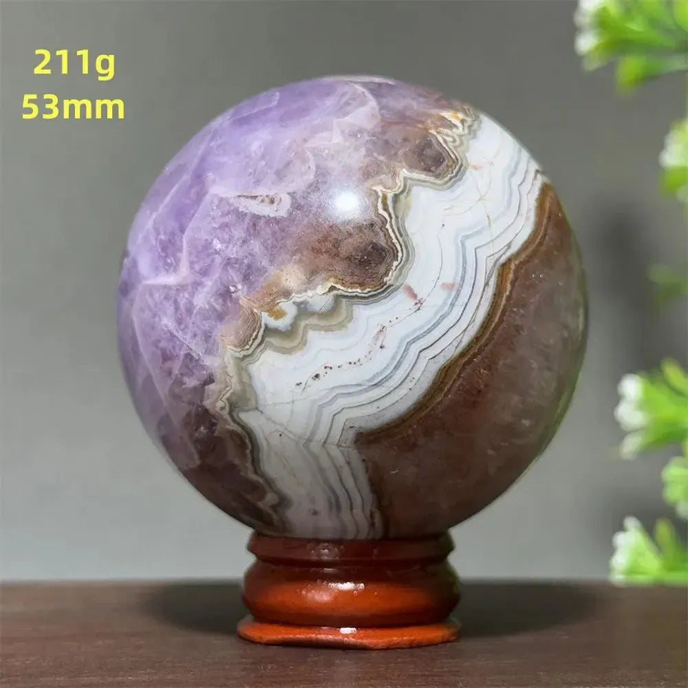 Natural Gemstone Dream Amethyst Agate Ball Therapy Meditation Witchcraft Divination Energy Massage Ball Home Decoration+Base-Crystal Destiny-19 211g 53mm-Crystal Destiny