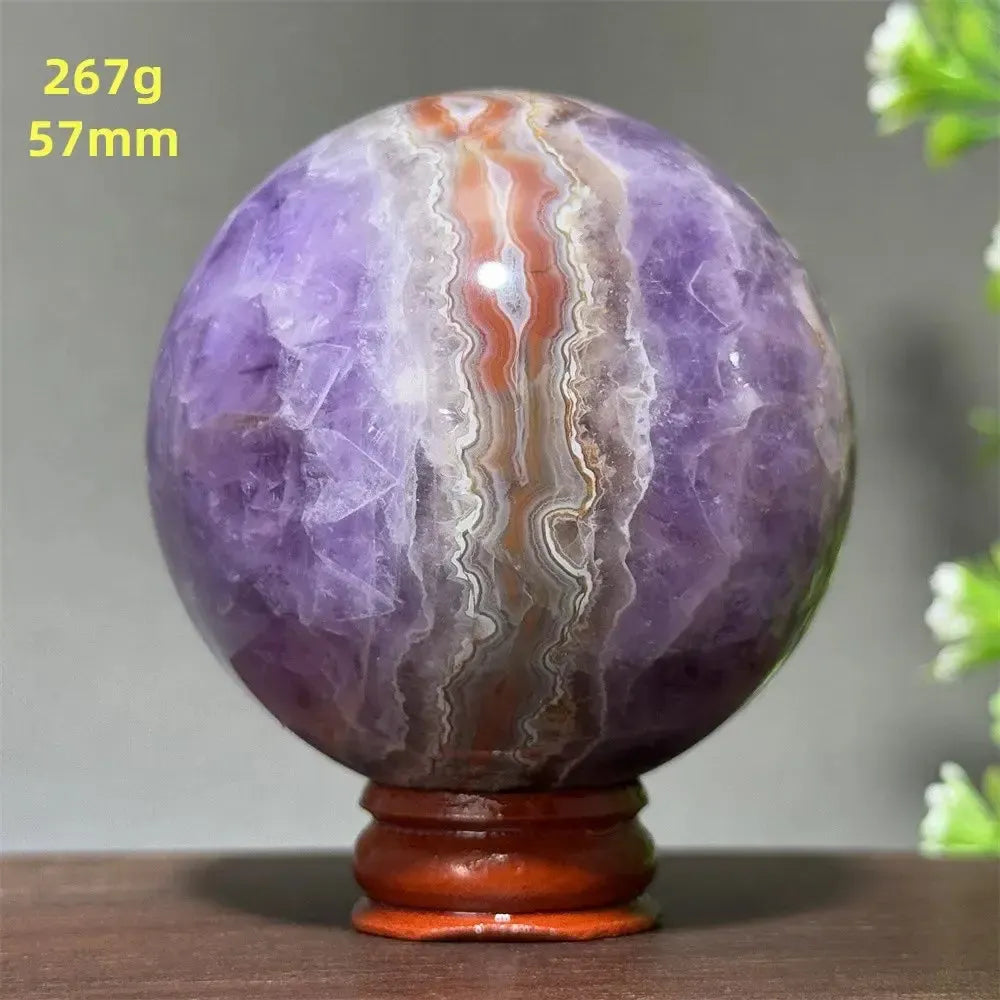 Natural Gemstone Dream Amethyst Agate Ball Therapy Meditation Witchcraft Divination Energy Massage Ball Home Decoration+Base-Crystal Destiny-20 267g 57mm-Crystal Destiny