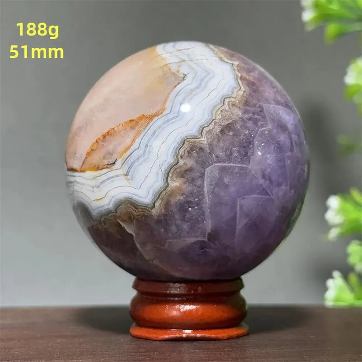 Natural Gemstone Dream Amethyst Agate Ball Therapy Meditation Witchcraft Divination Energy Massage Ball Home Decoration+Base-Crystal Destiny-21 188g 51mm-Crystal Destiny
