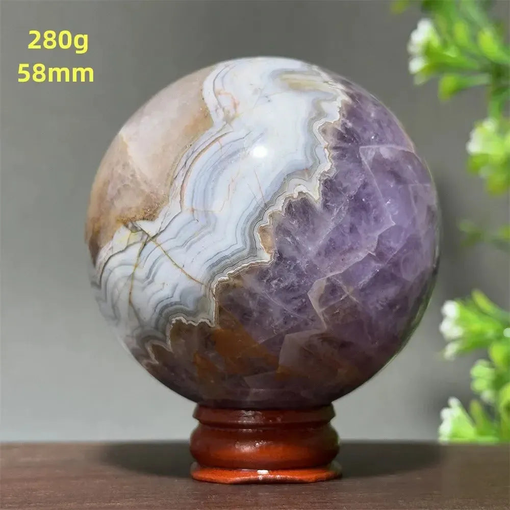Natural Gemstone Dream Amethyst Agate Ball Therapy Meditation Witchcraft Divination Energy Massage Ball Home Decoration+Base-Crystal Destiny-22 280g 58mm-Crystal Destiny
