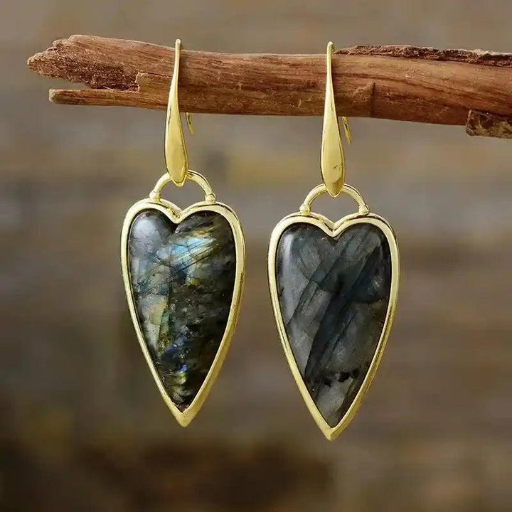 Natural Gemstone Heart Drop Earrings: Elegant gold-framed labradorite heart earrings, promoting balance and clarity.
