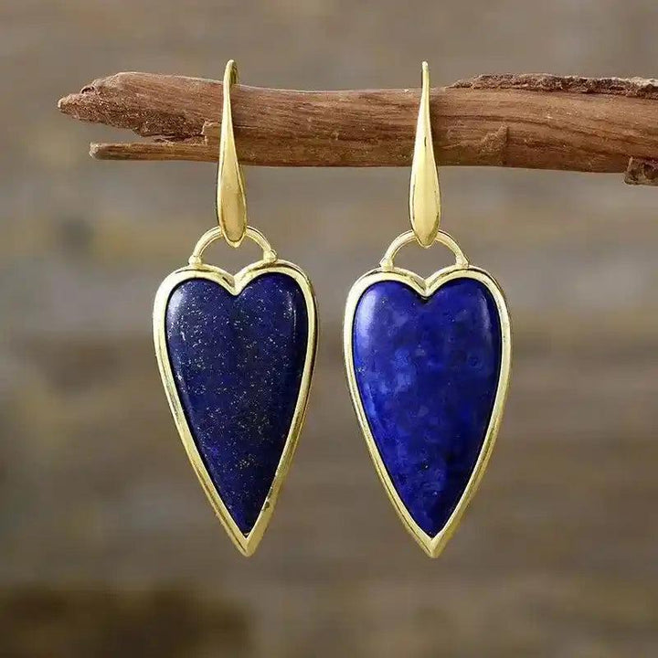 Natural Lapis Lazuli Heart Drop Earrings, gold-framed, offering balance, clarity, and positive vibes.