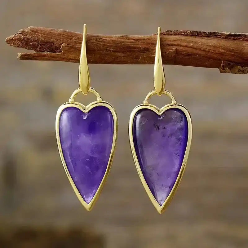 Natural Gemstone Heart Drop Earrings-Earrings-Ali-Amethyst-Crystal Destiny