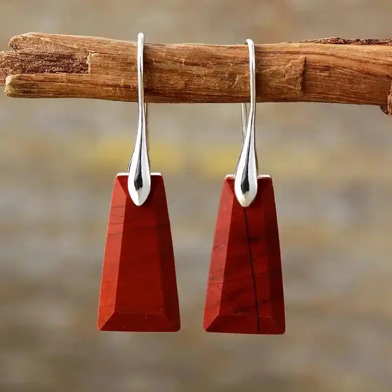 Natural Gemstones Geometric Dangle Earrings-Earrings-Ali-Red Jasper Silver-Crystal Destiny