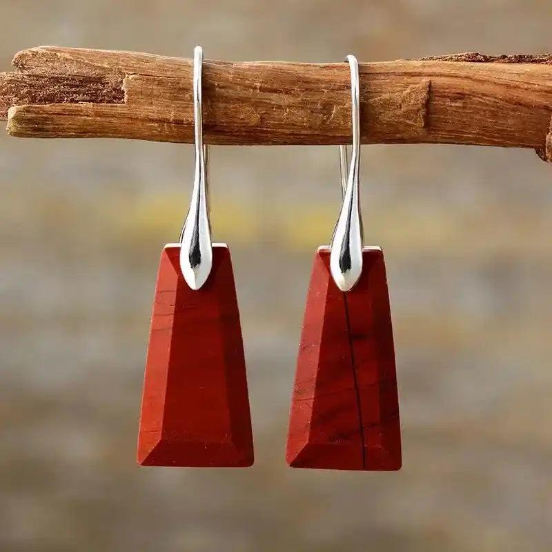 Red Jasper geometric dangle earrings from Crystal Destiny, featuring silver hooks and grounding crystal energy.