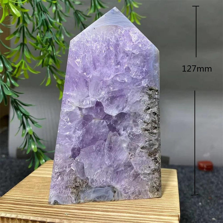 127mm natural amethyst geode tower with deep purple quartz crystals, perfect for healing and home decor.