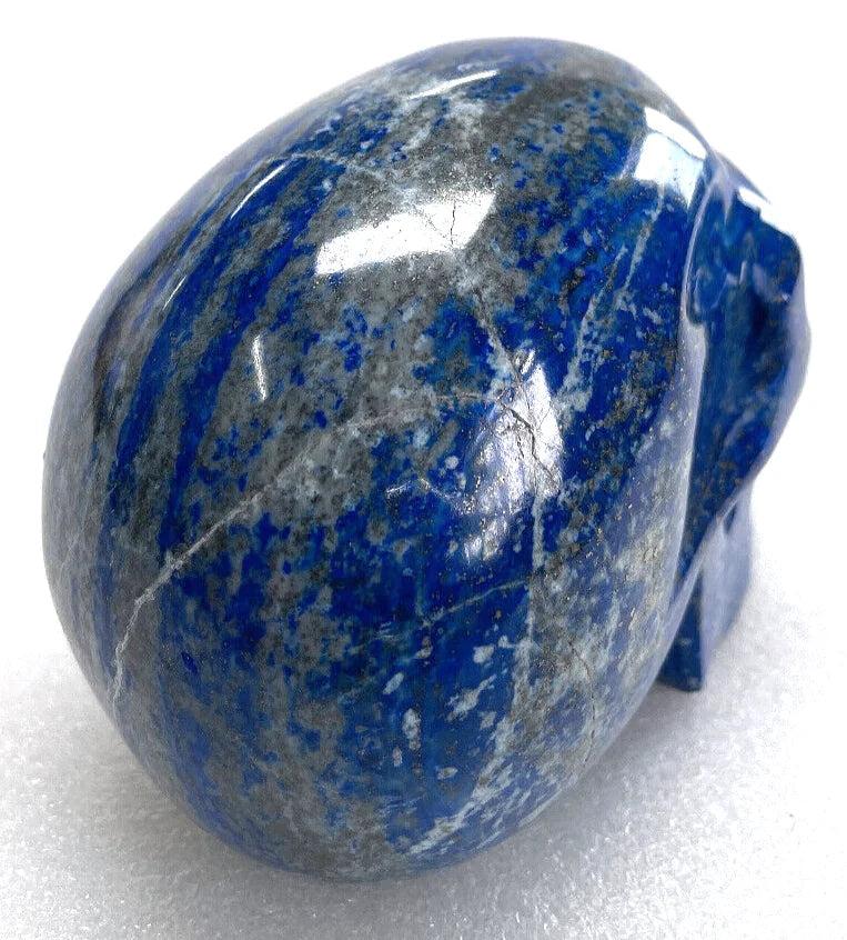 Polished natural Lapis Lazuli crystal skull with deep blue hues and white veining for healing and Feng Shui decor.