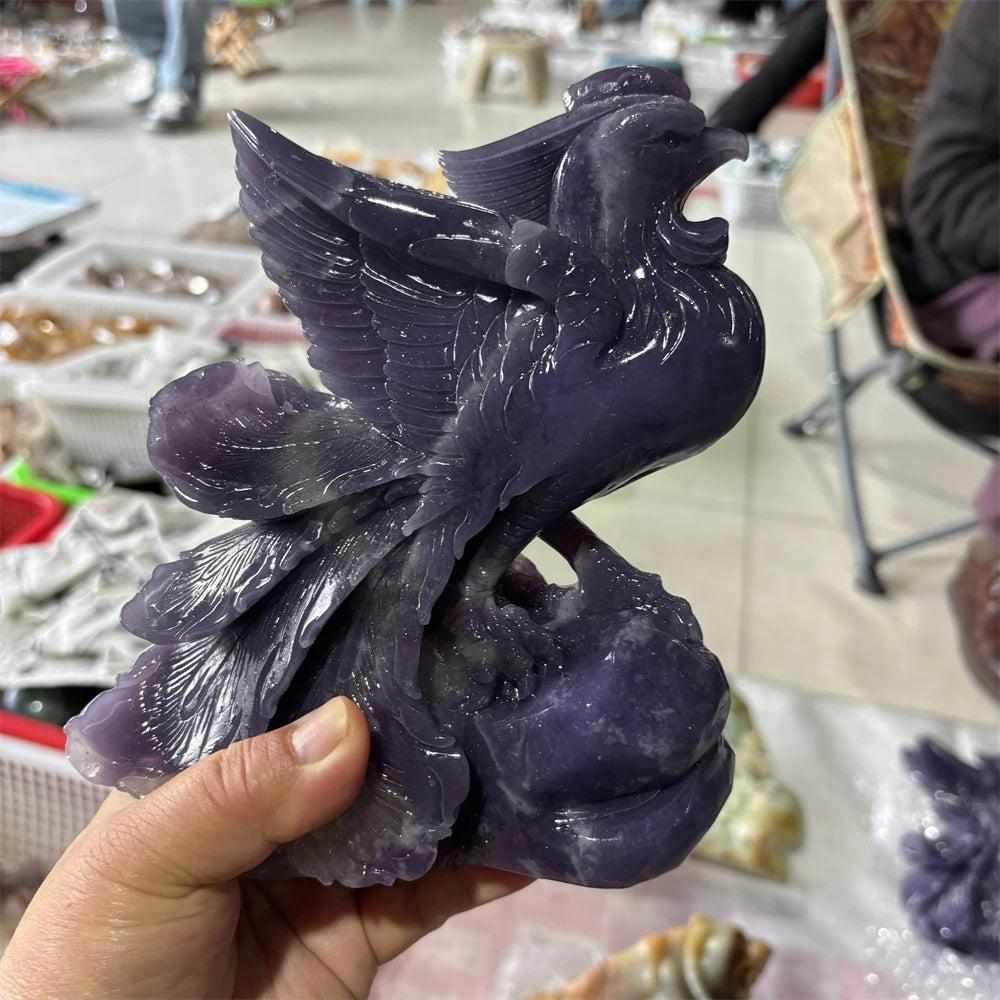 Natural Lepidolite crystal phoenix figurine with a shimmering violet finish, perfect for Crown chakra meditation.