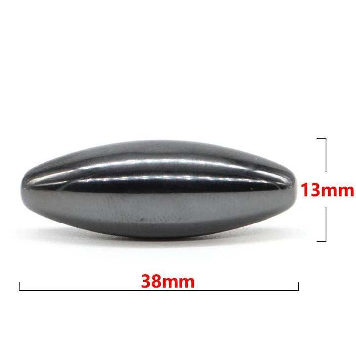 Smooth, dark metallic gray magnetic hematite olive-shaped bead, 38x13mm, for grounding and stability.