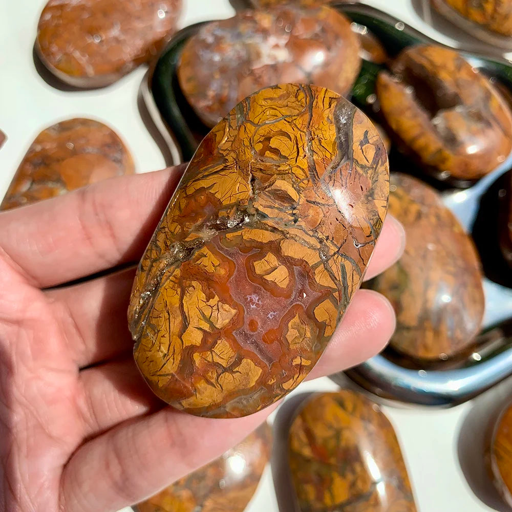 Polished Maligano Jasper palm stone with swirling cream, tan, and rust patterns, perfect for grounding and meditation.